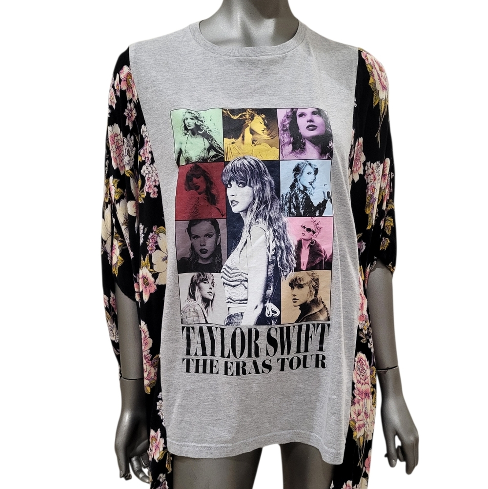 273B. Taylor Swift Upcycled Gray Graphic Tee with Black Floral Kimono